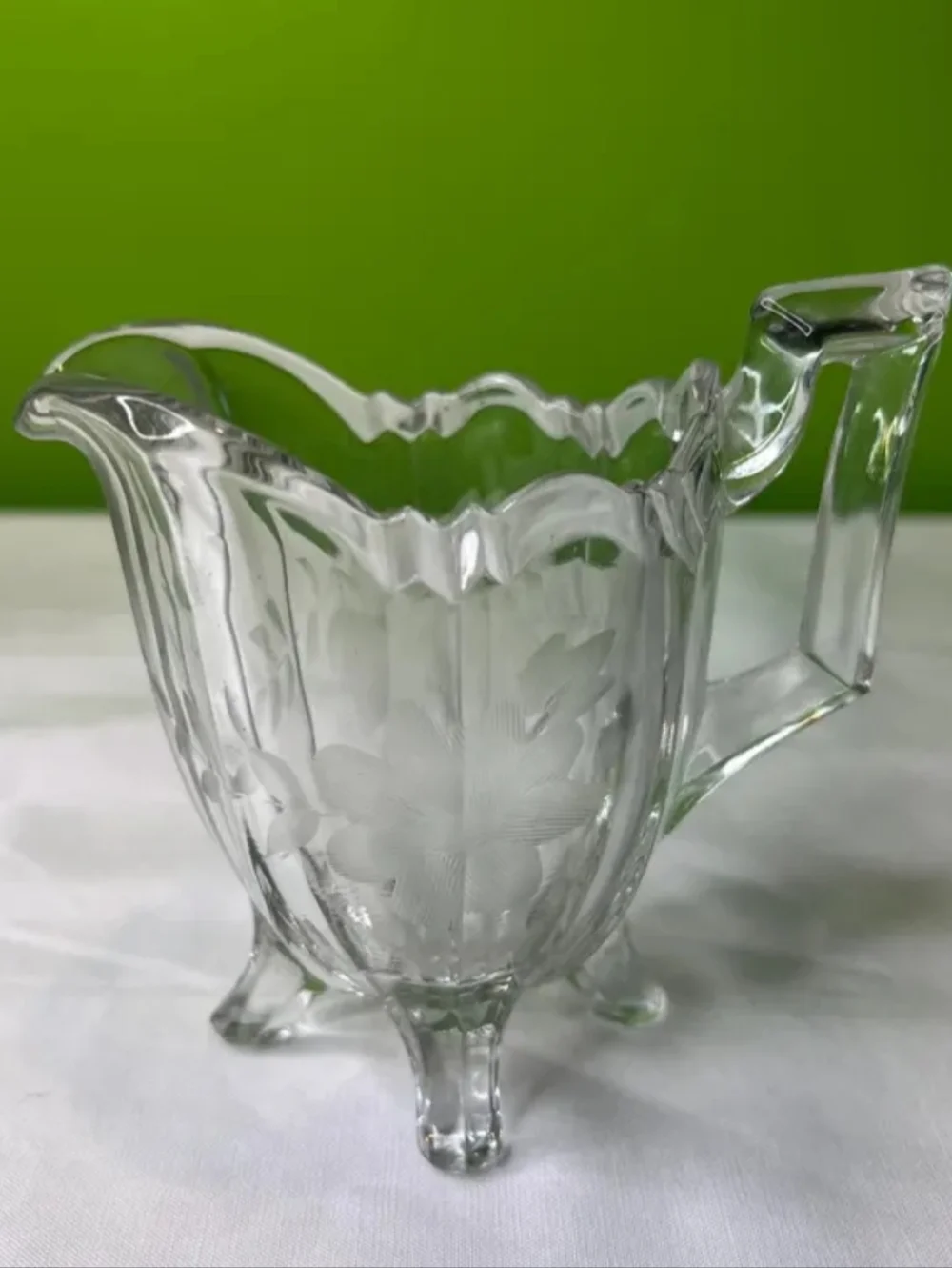 Vintage Clear Cut Indiana Glass 4 Footed Creamer with Etched Floral Design